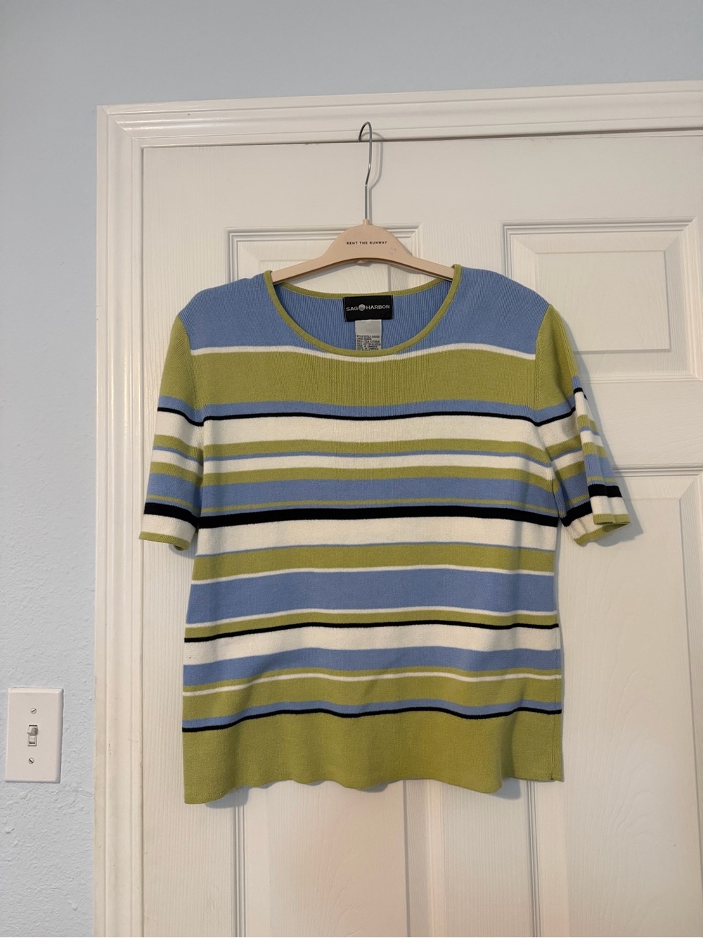 Sag Harbor Striped Knit Short Sleeve Sweater Top Blue Green Large